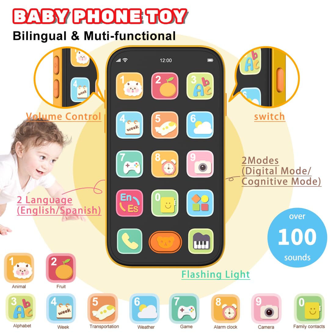 Baby Phone Baby Keys Toys Set, Bilingual Play Phone & Toy Keys for Toddlers