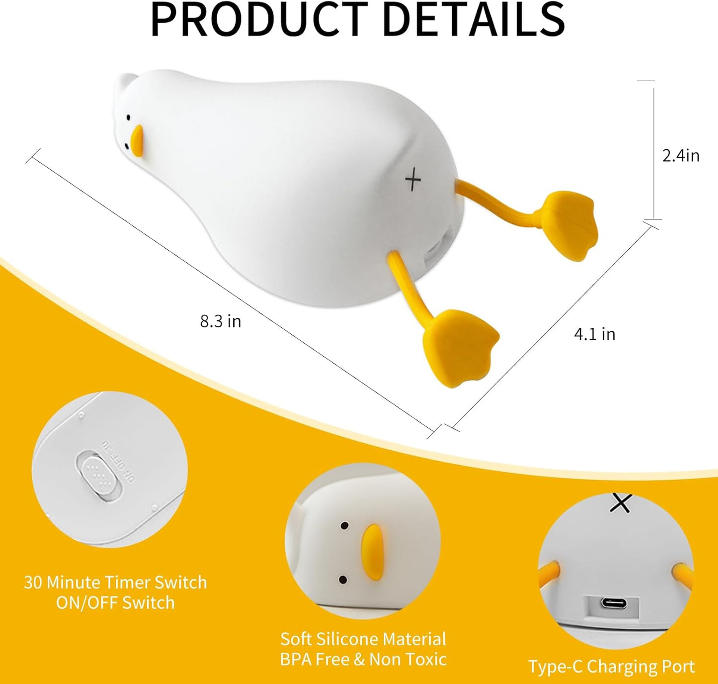Squishy Night Light, Lying Flat Duck Night Light, Travel Nightlight, 3 Level Dimmable Nursery