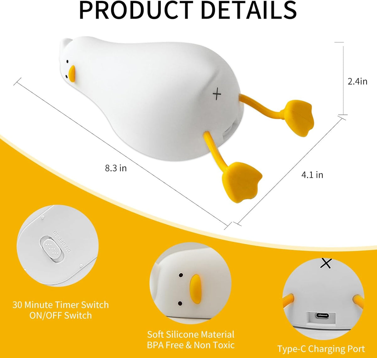 Squishy Night Light, Lying Flat Duck Night Light, Travel Nightlight, 3 Level Dimmable Nursery