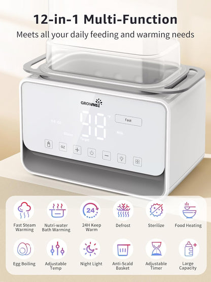 GROWSNY Fast Baby Bottle Warmer, 12-in-1 Milk Warmer with Steam and Water Bath Warming Modes for
