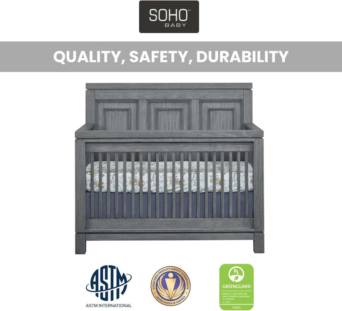 Soho Baby Manchester Premium 4-in-1 Convertible Crib, Flat-Top Headboard, Rustic Gray, GreenGuard