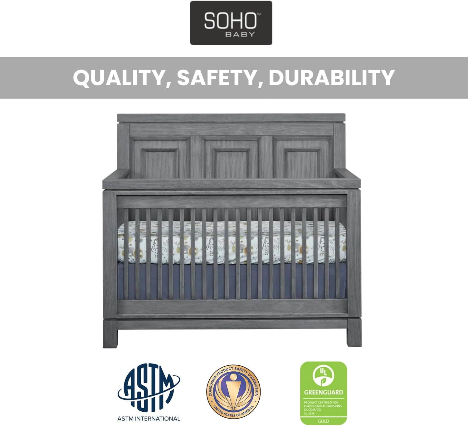 Soho Baby Manchester Premium 4-in-1 Convertible Crib, Flat-Top Headboard, Rustic Gray, GreenGuard