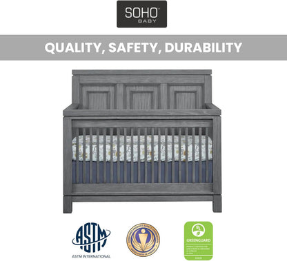 Soho Baby Manchester Premium 4-in-1 Convertible Crib, Flat-Top Headboard, Rustic Gray, GreenGuard