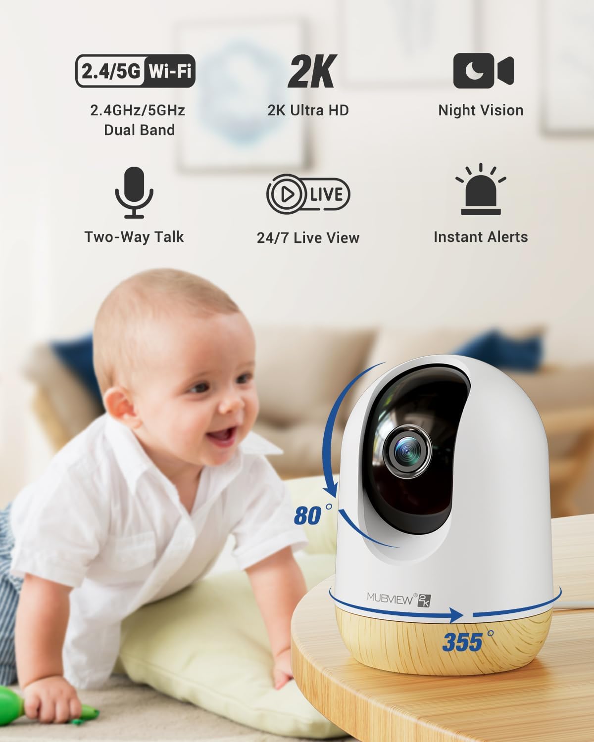 MUBVIEW 5G WiFi Indoor Security Camera No Subscription, Pet Camera with Phone App, Baby Monitor
