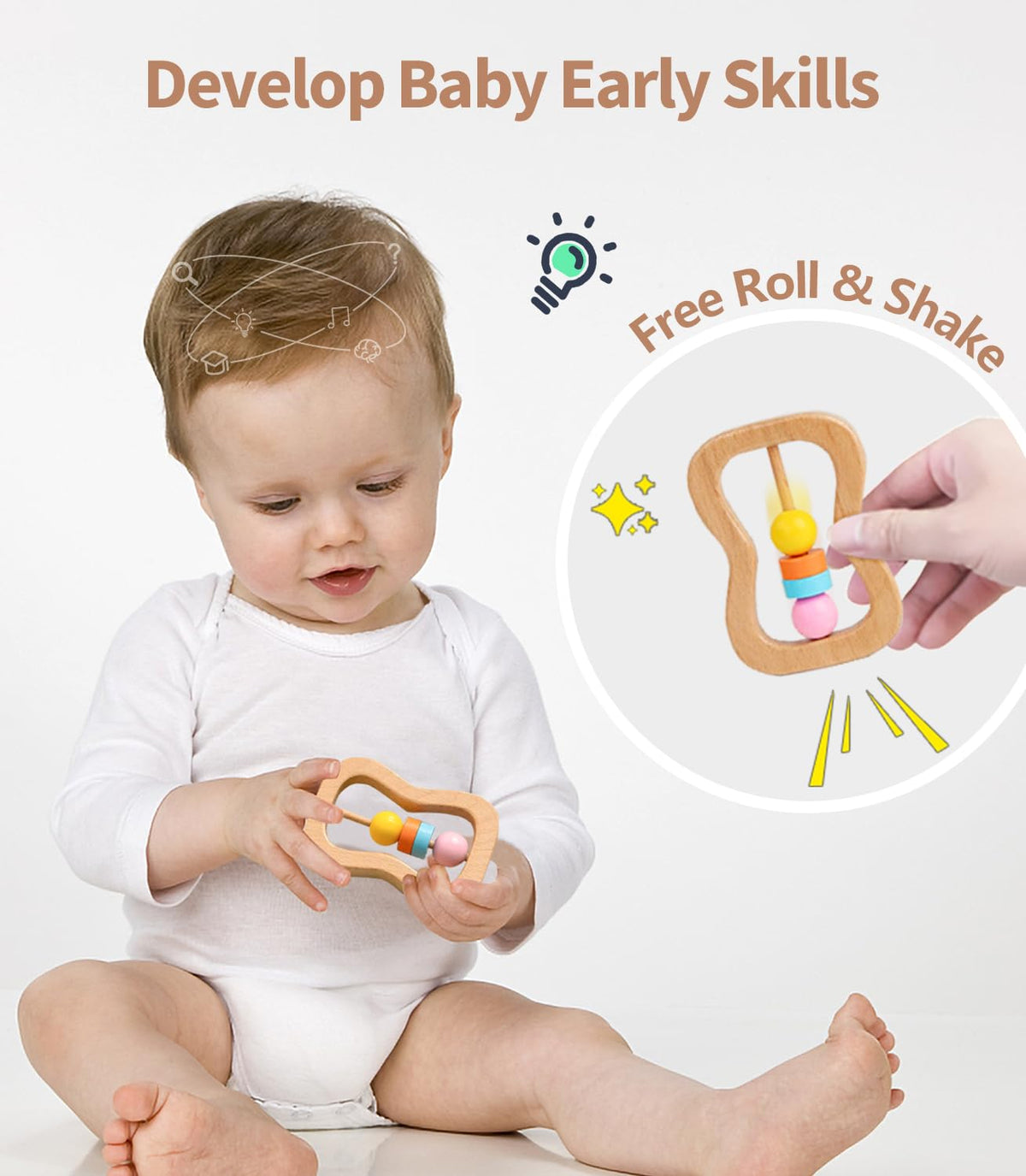 6 PCS Wooden Baby Rattle, Organic Colorful Baby Hand Rattles Set, Wood Rattles for Babies 0-6-12