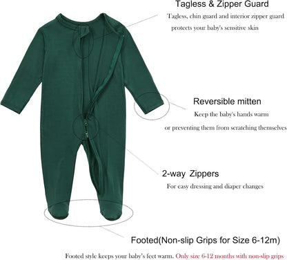 Aablexema Baby Zipper Pajamas Bamboo Rayon, 3pcs Unisex Infant Onesie with Mitten Long Sleeve