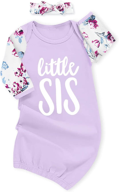 AMAWMW Newborn Baby Girl Little Sister Sleeper Gown Stripe Long Sleeve Nightgown Pajamas Gifts
