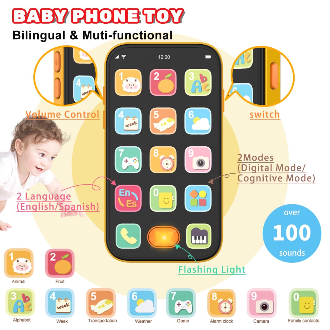 Baby Phone TV Remote Toy Set with Music Light for 6+ Months, Orange