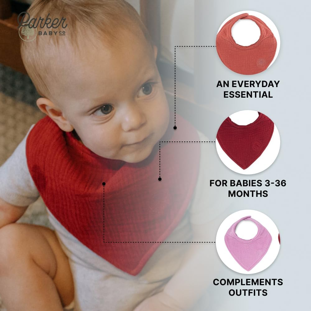 Parker Baby Muslin Bandana Drool Bibs | 100% Soft Muslin Cotton, Absorbent & Adjustable | Stylish