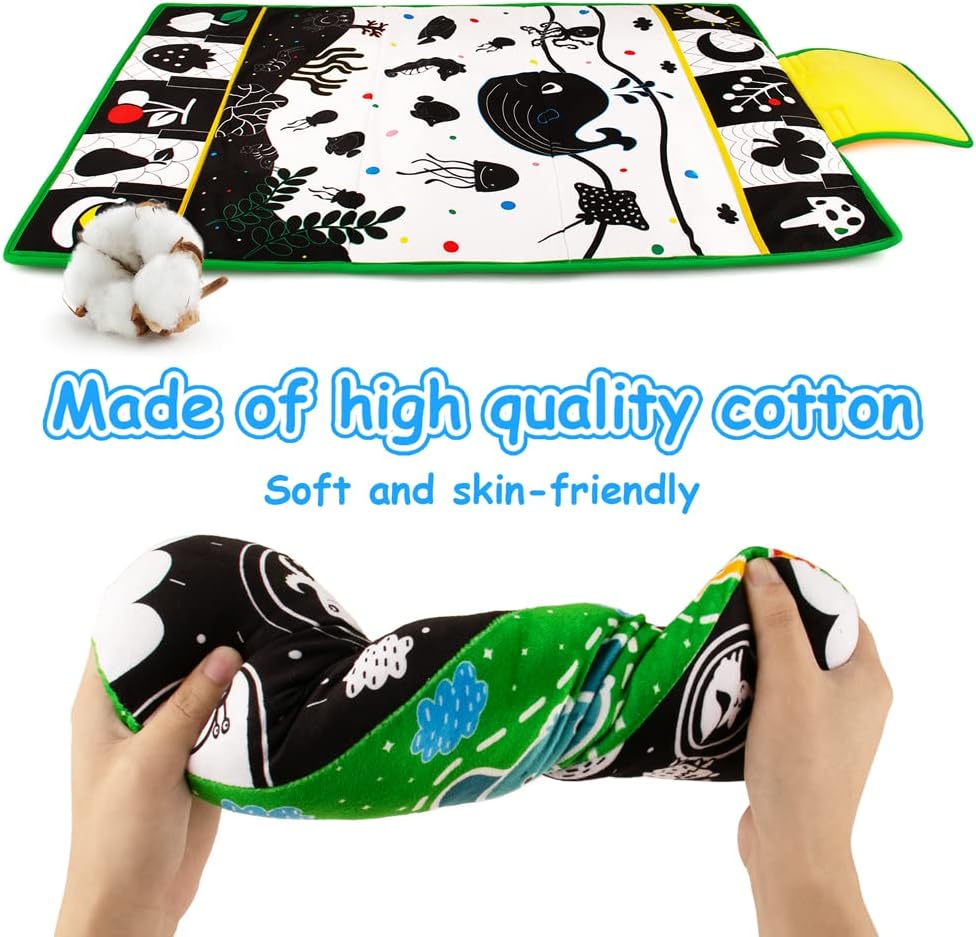 Tummy Time Mirror & Play Mat & Pillow 3-in-1, High Contrast Black and White Baby Toys, Activity Mat