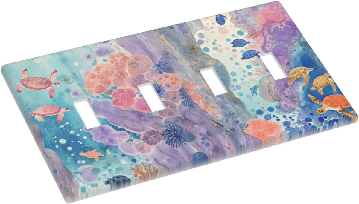 Turtle Coral Fish Watercolor Colorful Underwater World Light Switch Covers Quad Toggle Electrical