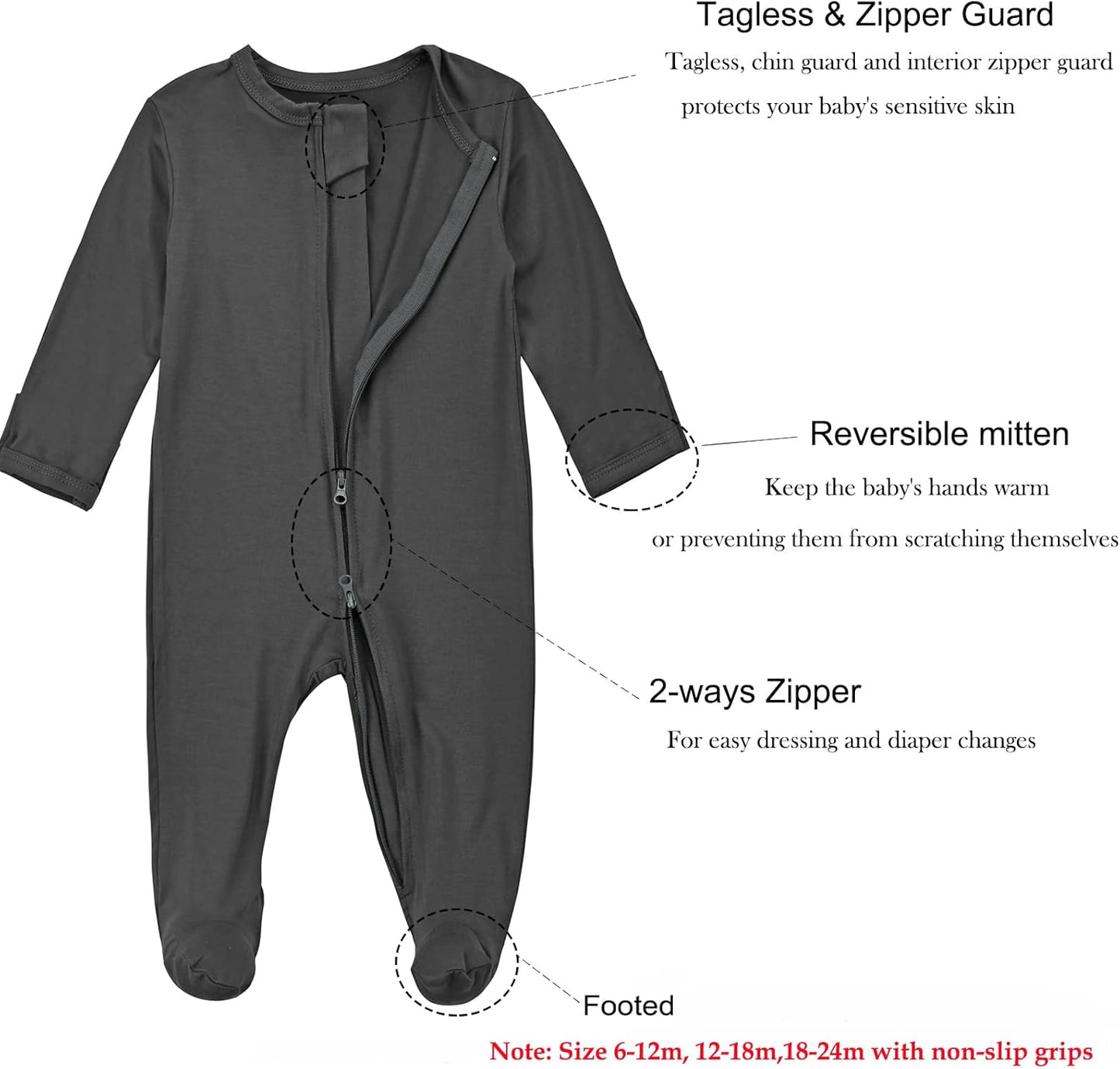 Aablexema Baby Zipper Pajamas Bamboo Rayon, 3pcs Unisex Infant Onesie with Mitten Long Sleeve