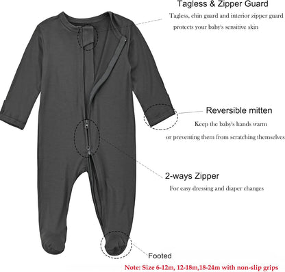 Aablexema Baby Zipper Pajamas Bamboo Rayon, 3pcs Unisex Infant Onesie with Mitten Long Sleeve