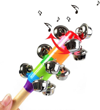 6Pcs Wooden Jingle Hand Bells,Rainbow Handle Wooden Bells Jingle Stick Shaker Rattle Baby Kids