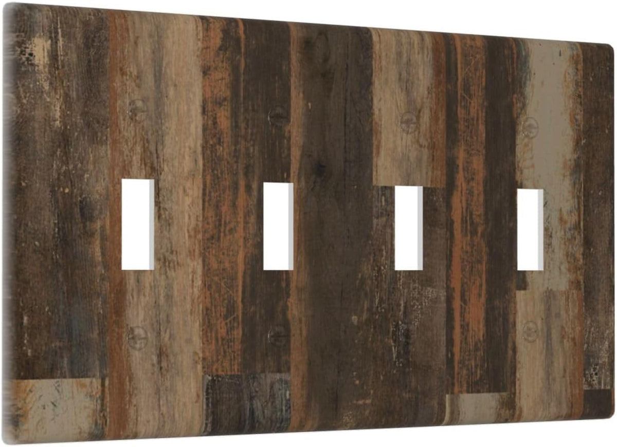 Rustic Brown Wood Grain Dark Oak Light Switch Covers Quad Toggle Electrical Faceplate 4 Gang Wall