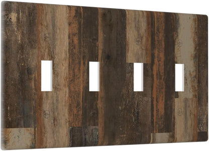 Rustic Brown Wood Grain Dark Oak Light Switch Covers Quad Toggle Electrical Faceplate 4 Gang Wall