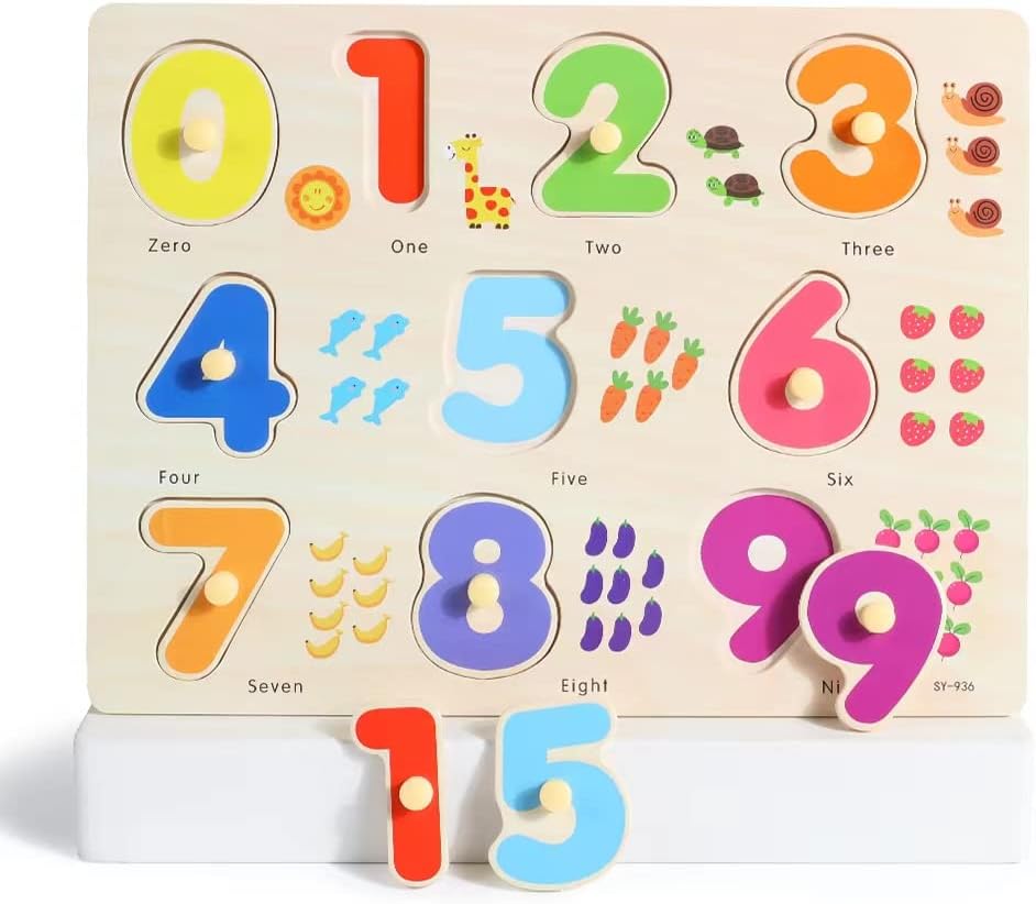 GRINNNIE Wooden Montessori Toddler Puzzles for 1 2 3 4 Years Old, 3 Pcs (Number, Letter, Shape)
