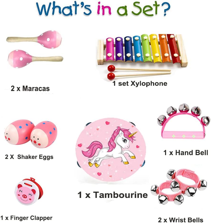 Kids Musical Instruments Sets, 12pcs Wooden Percussion Instruments Toys Tambourine Xylophone for