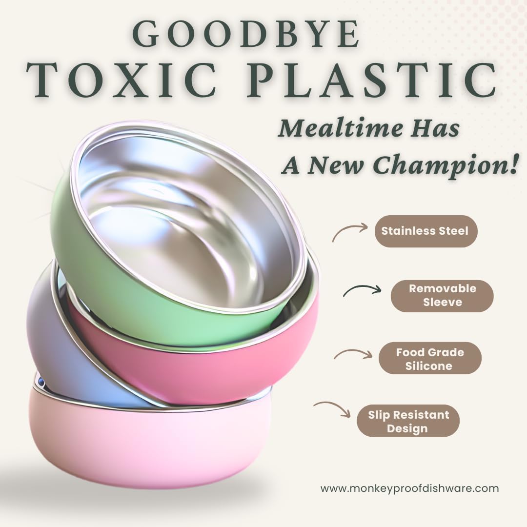 Monkey Proof™ Non-Toxic Stainless Steel Child Bowl 5” with Non-Slip Silicone Shell, Multi-color