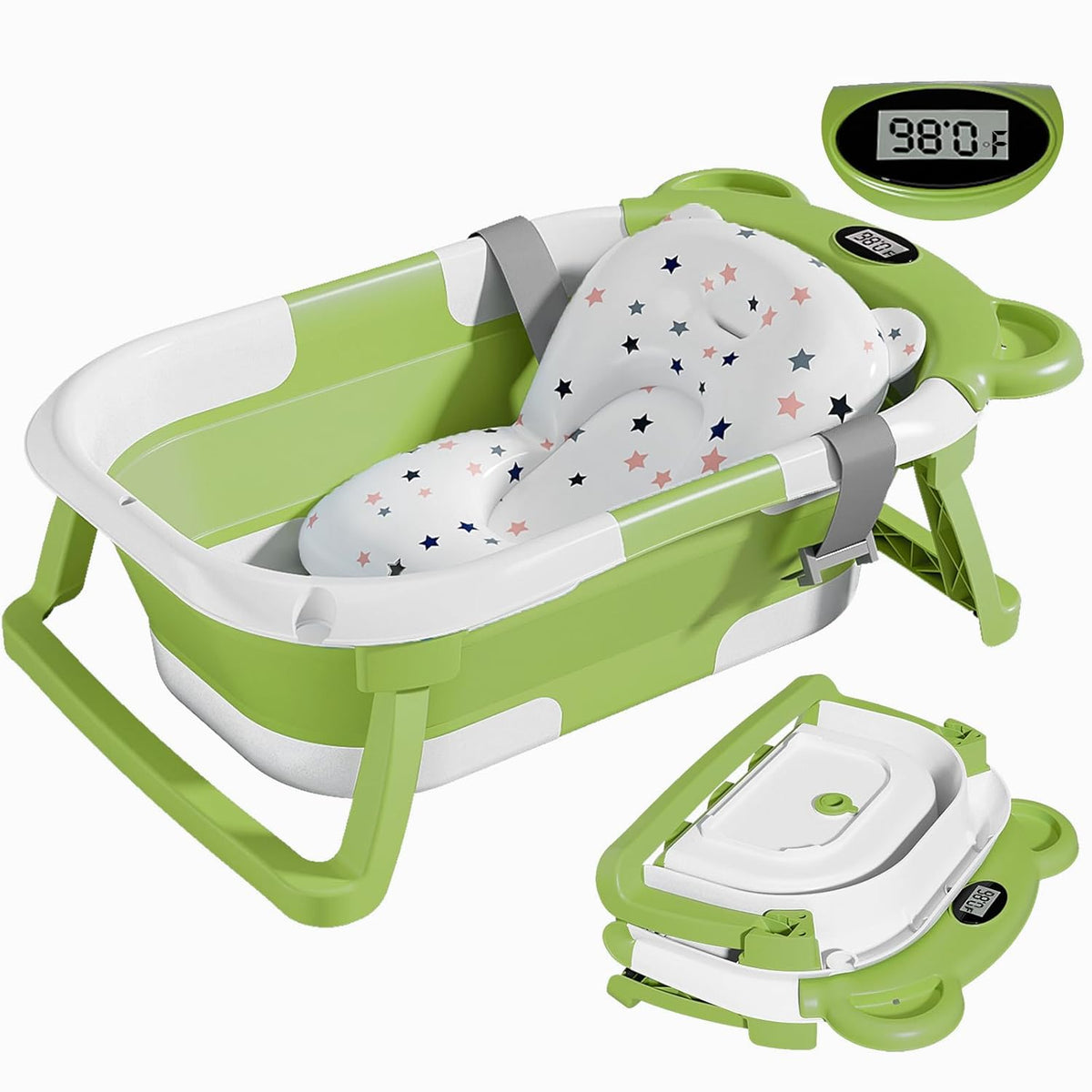 TPN Collapsible Baby Bathtub, Baby Bath Tub with Soft Cushion & Real-Time Thermometer, Baby Bathtub
