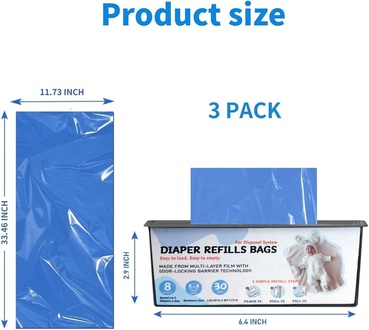 Diaper Pail Refills Bags with 30 Bags, Compatible with Genie Easy Roll Signature Diaper Pail and