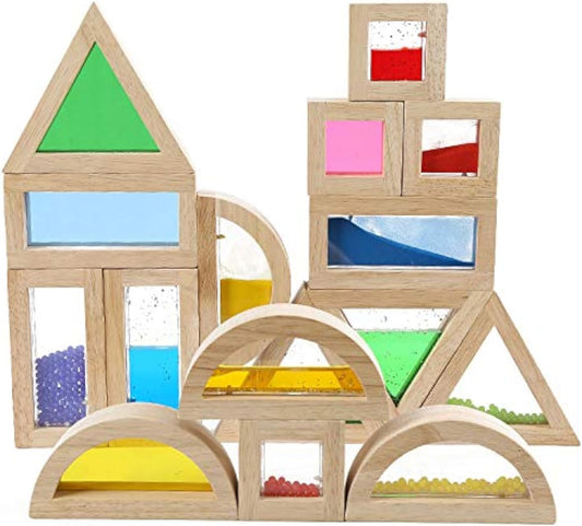 Large Wooden Building Blocks for Toddlers Baby Kids 16 Pcs Rainbow Blocks Geometry Sensory Stacking