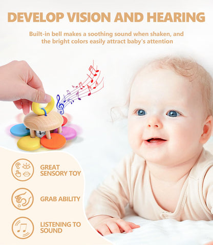 4 PCS Wooden Baby Rattle, Organic Colorful Baby Rattles Set, Wood Rattles for Babies 0-6-12 Months