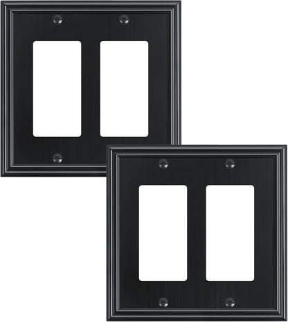 2-Pack Decorative Double Decorator Outlet Cover Plate, Durable Zinc Alloy Black Wall Plates for