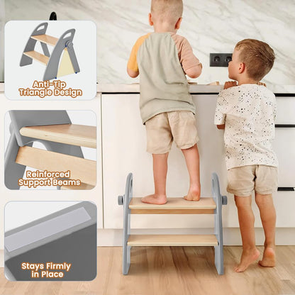 Reeple Wooden 2 Step Stool for Toddlers, Foldable 2-Step with Non-Slip Pads and Handles, Bamboo