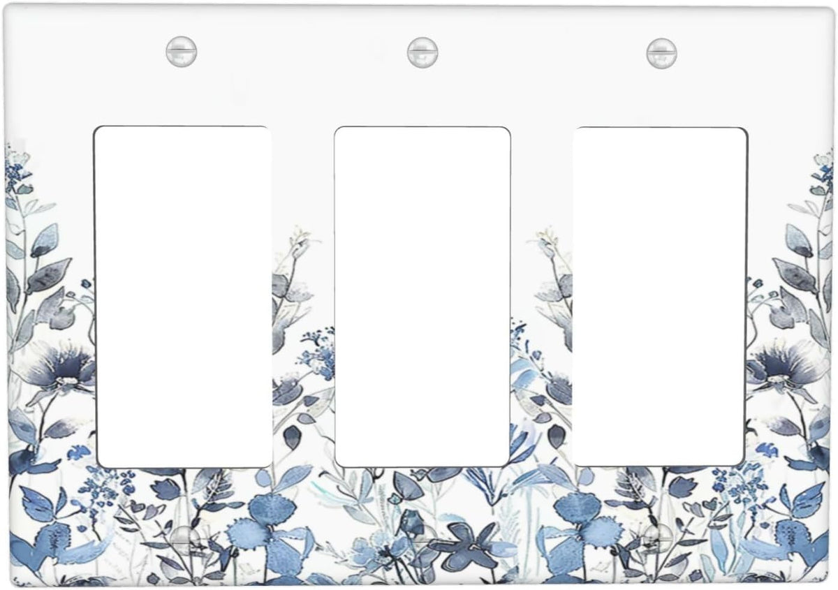 Light Switch Covers Light Blue Watercolor Leaves Plant With Floral 3 Gang Rocker Electrical GFCI