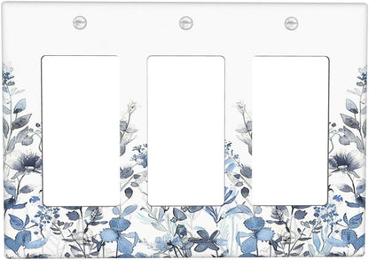 Light Switch Covers Light Blue Watercolor Leaves Plant With Floral 3 Gang Rocker Electrical GFCI