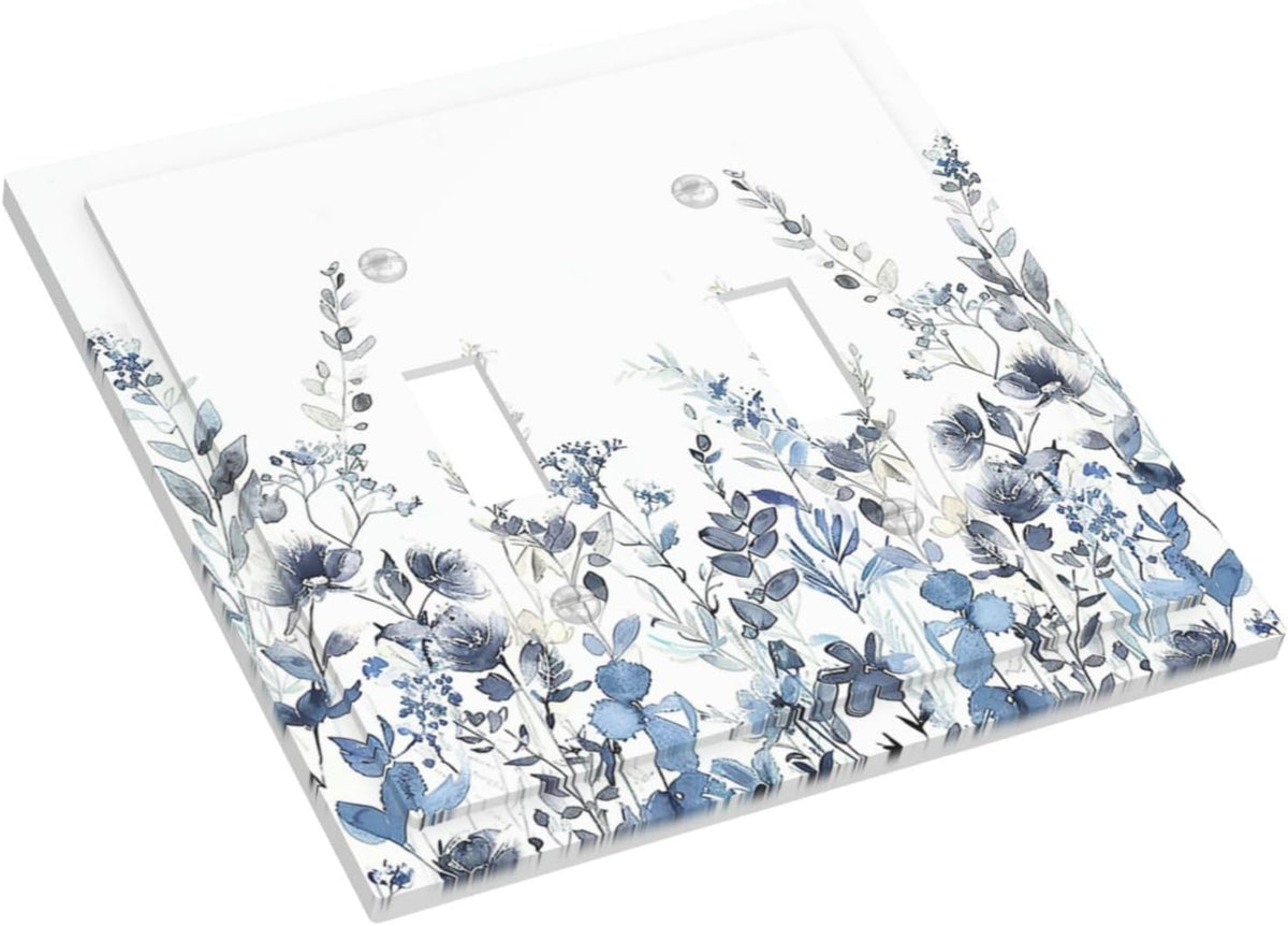 Decorative Switch Plates Light Blue Watercolor Leaves Plant With Floral 2 Gang Double Toggle Outlet