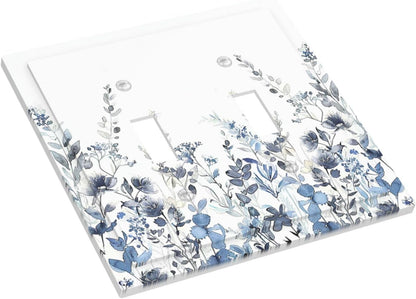 Decorative Switch Plates Light Blue Watercolor Leaves Plant With Floral 2 Gang Double Toggle Outlet