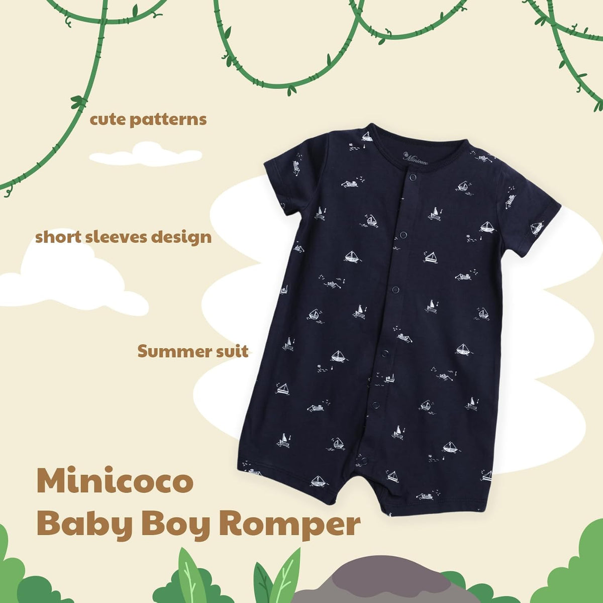 3-Pack 100% Cotton Baby Boy Rompers,0-24Months Short Sleeve Toddler Romper,Breathable Spring/Summer