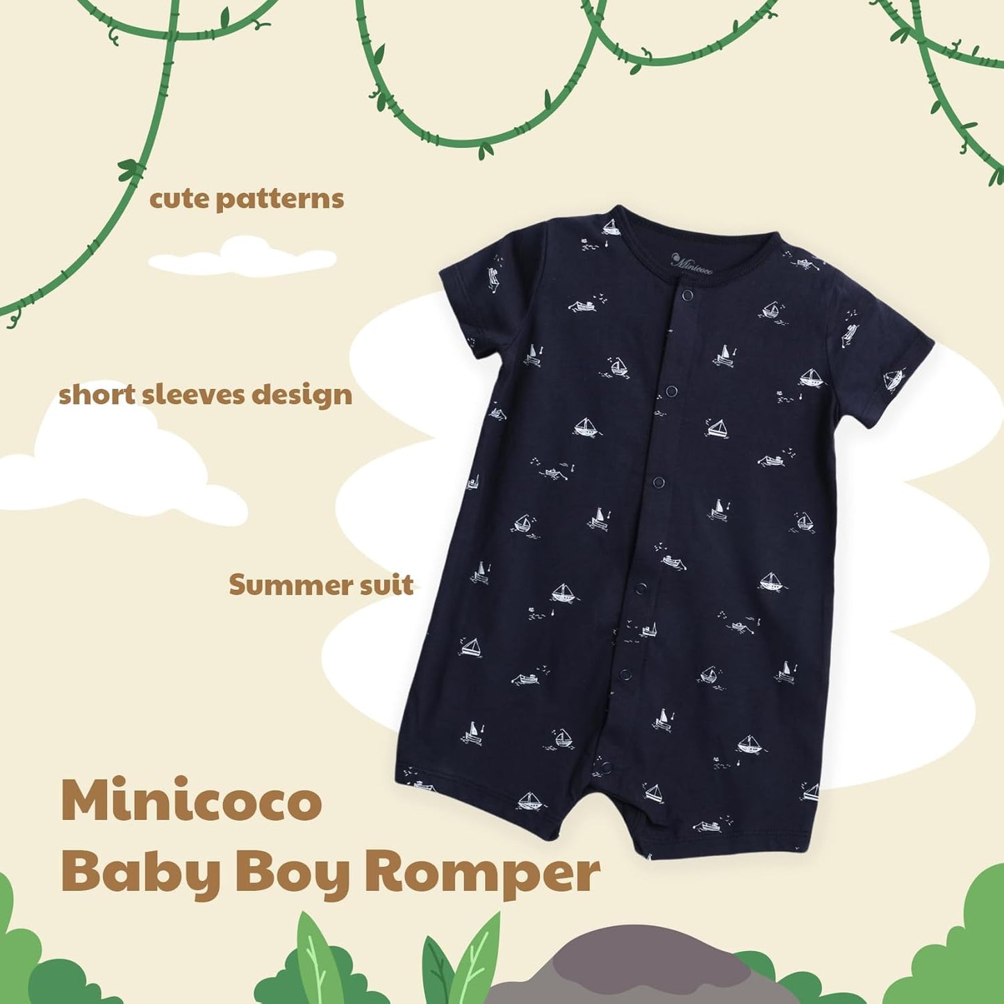 3-Pack 100% Cotton Baby Boy Rompers,0-24Months Short Sleeve Toddler Romper,Breathable Spring/Summer