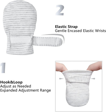 Newborn Baby No Scratch Mittens Stay On, 100% Cotton Breathable, Adjustable Infant Gloves for Baby