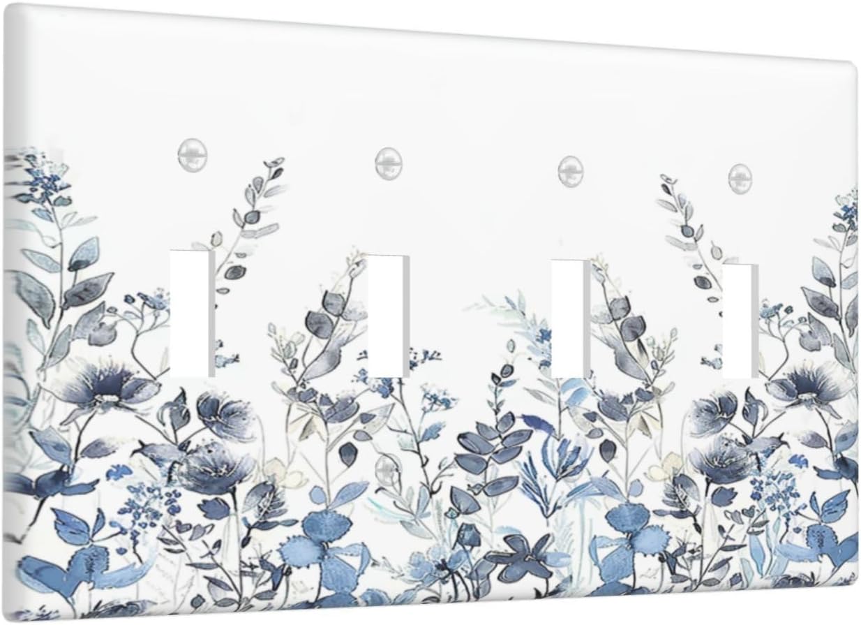 Light Switch Covers Light Blue Watercolor Leaves Plant With Floral Quad Toggle Electrical Faceplate