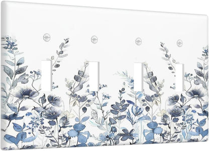 Light Switch Covers Light Blue Watercolor Leaves Plant With Floral Quad Toggle Electrical Faceplate