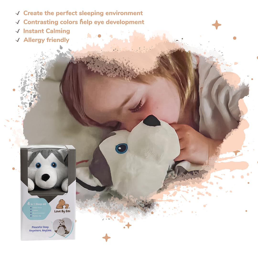 Love By Emi Baby Music Lovey Grey & White Husky, Baby Sleep Soother for Crib & Cuddle Bedtime
