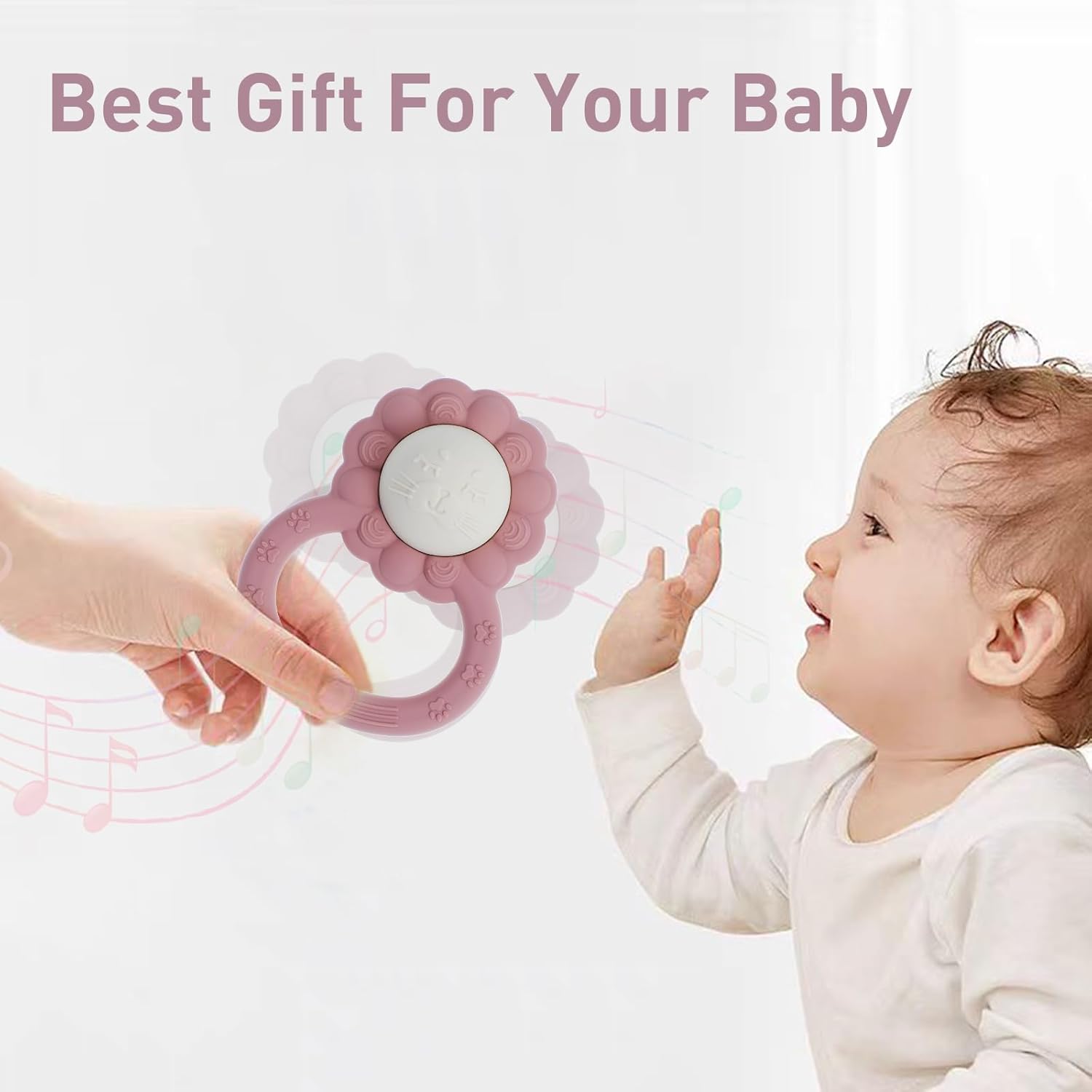 Rattle Teether, Lion Shape Montessori Baby Sensory Teething Toys, Food Grade Silicone BPA Free