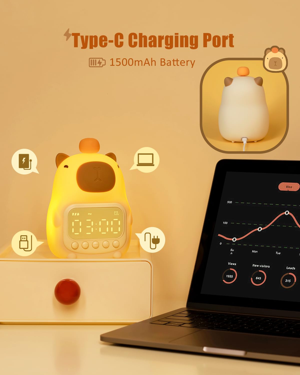 Capybara Alarm Clock with Night Light for Kids, Cute Toddler Alarm Clocks for Bedrooms Ok to Wake