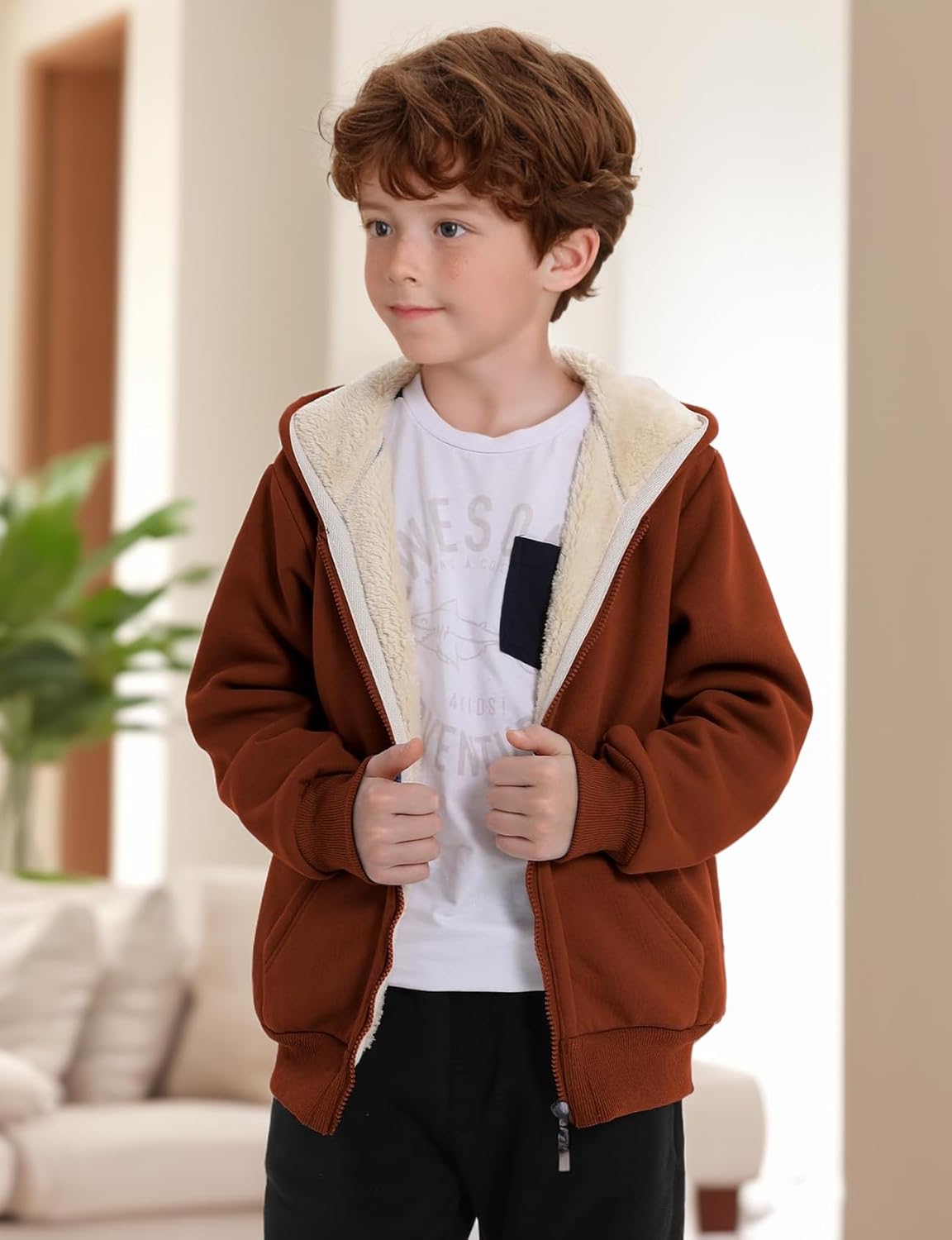 Gihuo Unisex Boy's Girls Winter Warm Sherpa Lined Zip Up Sweatshirt Fleece Jacket Kid's Hoodie