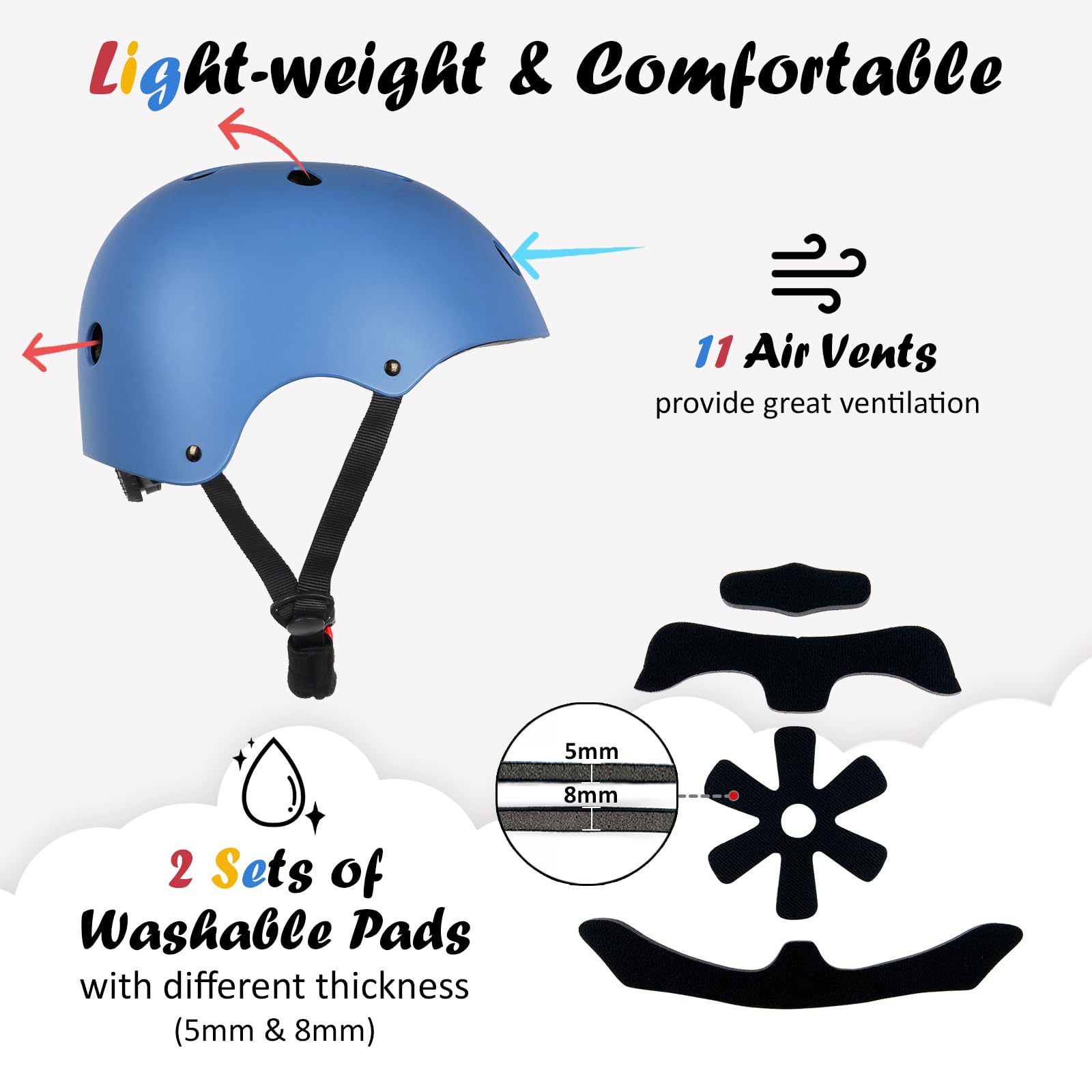 Kids Bike Helmet, 3 Sizes from Toddler to Youth, Blue, Small