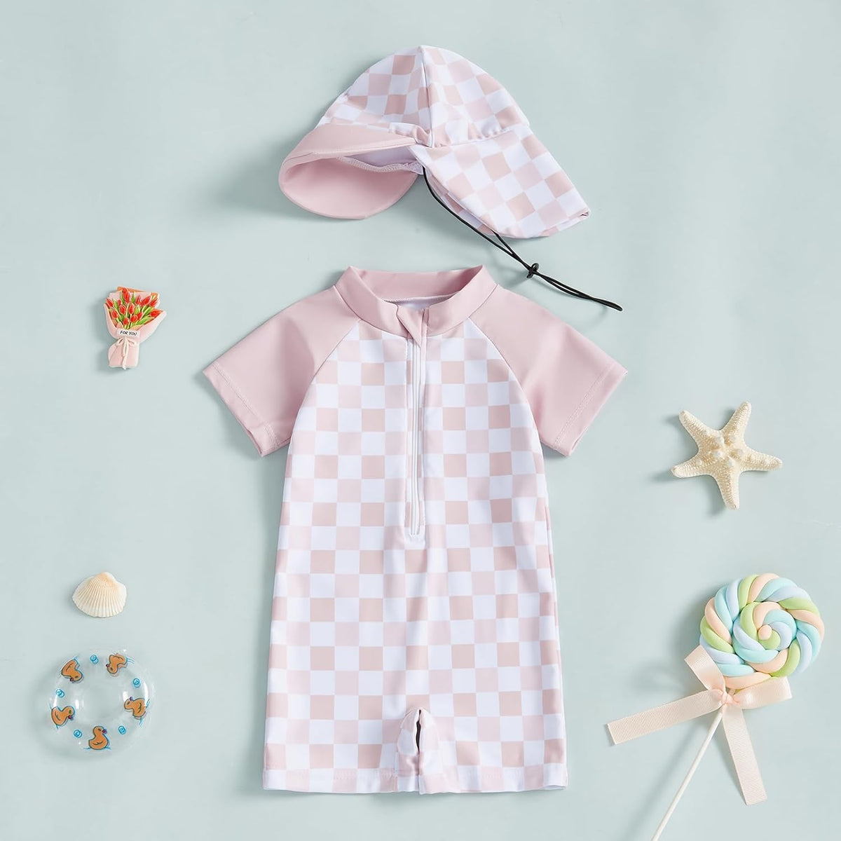 MAYUMMPY Baby Boys Girls Swimwear Casual Zipper One Pieces Rash Guard Swimsuit and Hat Beachwear