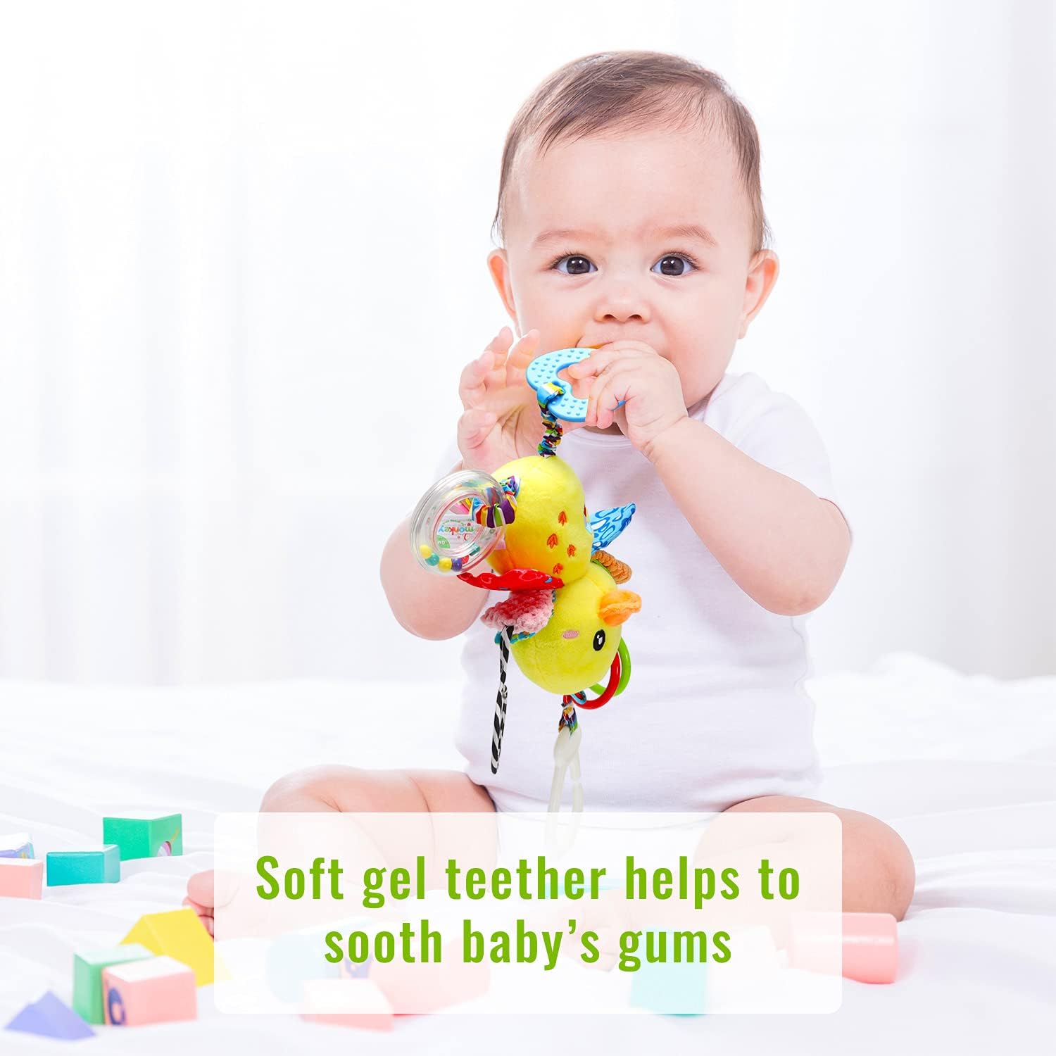 Baby Stroller Car Seat Toys for Infant with Teether Hanging Rattle, Clip on Stroller, Soft Plush