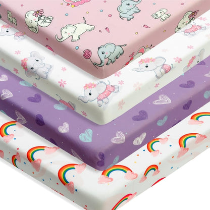 4 Pack Baby Girl Pack N Play Mini Crib Sheets Set Soft Fitted Elephant Theme Baby Girl Mattress