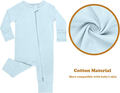 GUISBY Long Sleeve Cotton Pajamas Footless Baby Bodysuits with Zipper and Mittens 3-Pack for Boys