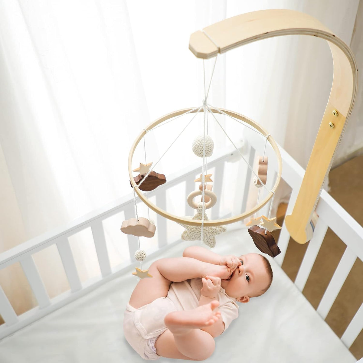 Baby Crib Mobile with Arm Boho Star Moon Nursery Mobile Set Wooden Baby Mobile Holder for Hanging