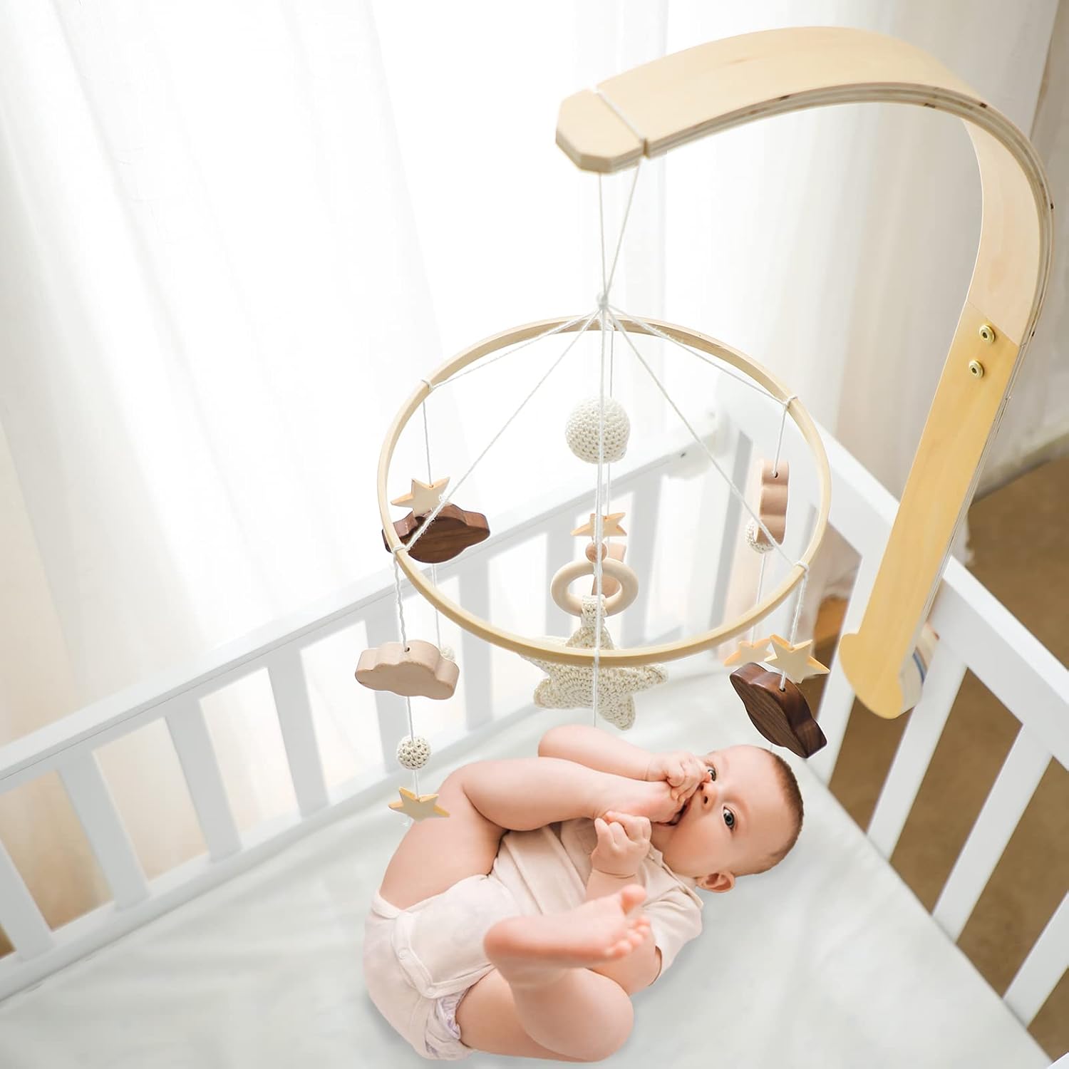 Baby Crib Mobile with Arm Boho Star Moon Nursery Mobile Set Wooden Baby Mobile Holder for Hanging