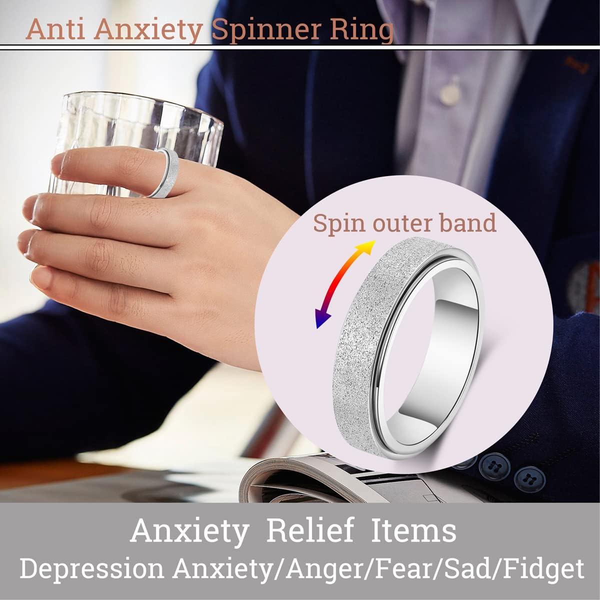 Anxiety Ring for Women Men, Titanium Stainless Steel Spinner Ring, 5 Colors, 6MM, Size 6-10, 3
